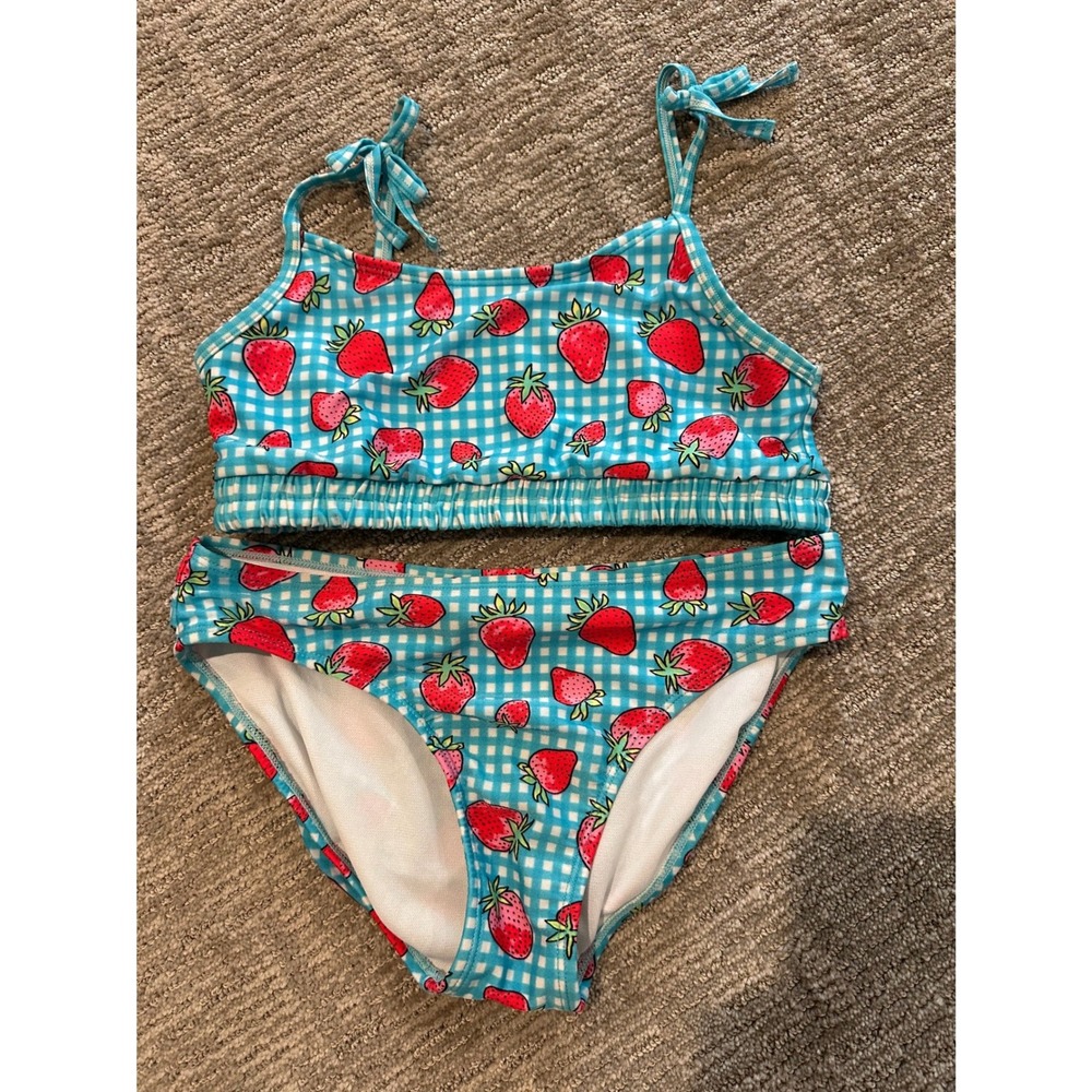 Cat & Jack Girls Blue Gingham Strawberry Two Piece Swimsuit Bikini Set L 10/12